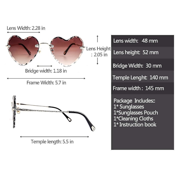 Hjerteformede solbriller uten ramme, tynne metallrammer, hjerteformede solbriller, søte briller for kvinner, brune
