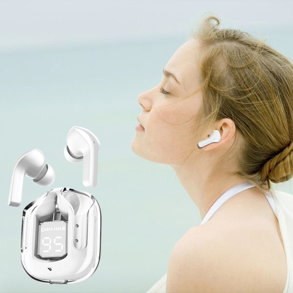 Crystal Earbuds, Transparent Digital Display Trådlöst Bluetooth Headset Bilateral Stereo Bass Koppar Ring Högtalare med laddningsfack FAN20240914（Vit）