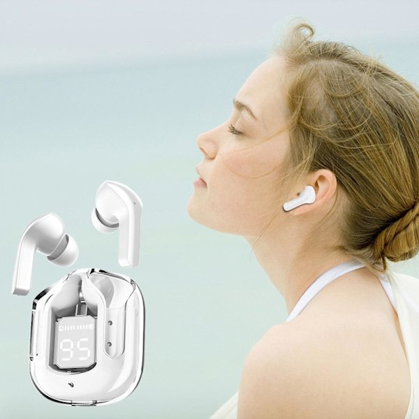 Kristallörhängen, transparent digital display trådlöst Bluetooth-headset bilateralt stereobas kopparringhögtalare med laddningsfack FAN20240914（Vit）