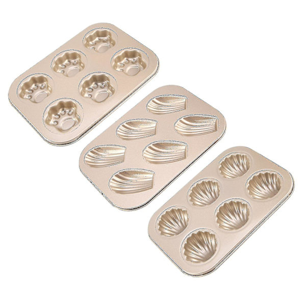 Madeleine-forme, 3-pak nonstick katteklo-forme bageforme, kulstofstål bageform, 6 hulrum Baki