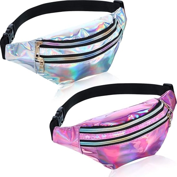 Holographic Waist Bags (2 Pack) for Women, Kids and Girls, Shiny Silver and Purple