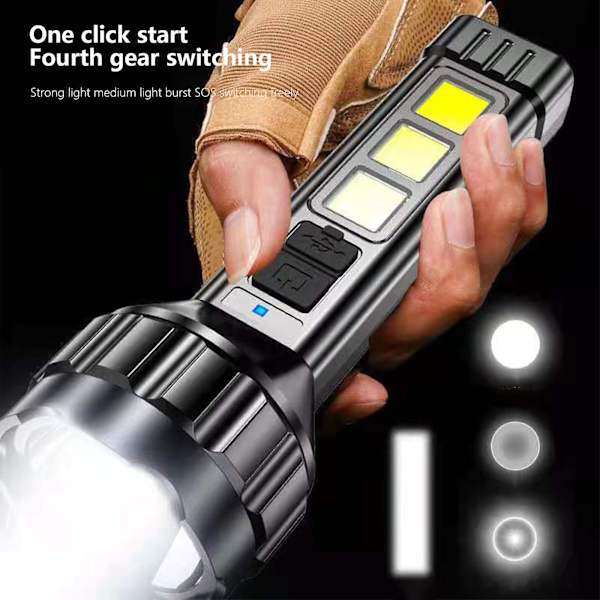 COB Starkt Ljus Ficklampa Bärbar USB C Laddningsbar Ljus Hushålls LED-lampa Inbyggt Batteri Med Strömvisning（Svart）