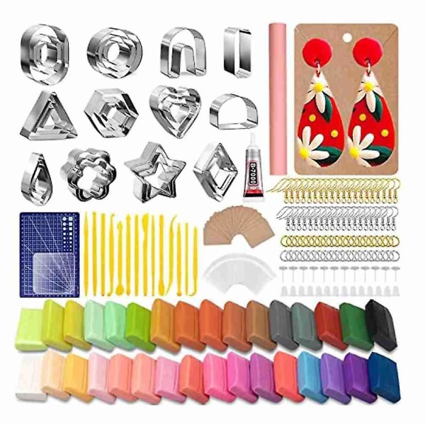 Polymer leire øreringesett inkluderer 30 stk polymer leire øreringeformer, 32 farger leire, verktøy, rulle（sølv）