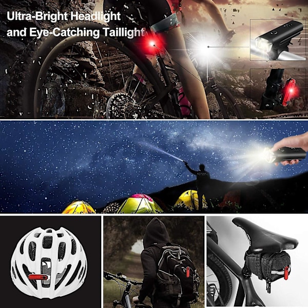 Cykellampset USB-uppladdningsbar cykelstrålkastare bakre bakljus 4 lägen