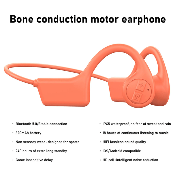 Konduktionshörlurar, Bluetooth trådlösa öppna öron sport hörlurar svettsäkra för löpning cykling promenader träning, gym, arbete (orange)