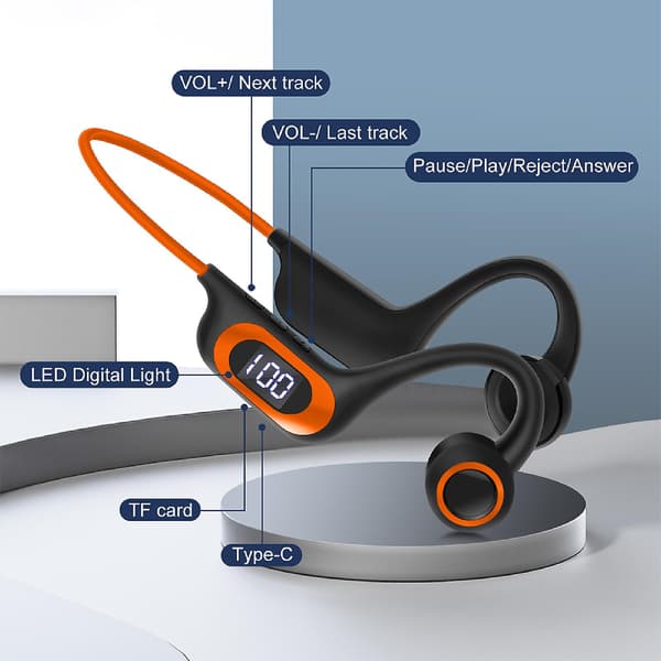 Konduktionsheadset Trådlöst Bluetooth-headset Sport Löpning Power Digital Display（Orange）