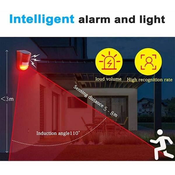Utomhus solvarningsljuslarm 110dB röd LED-ljudsiren blinkande ljus rörelsedetektor vattentät utomhusgård växtlager fruktodling