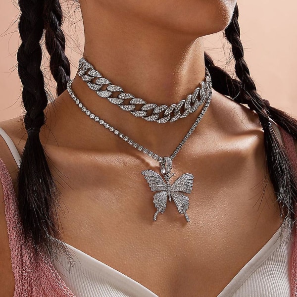 Stor sommerfugl anheng halskjede rhinestone kjede for damer bling lagdeling krystall choker statement halskjede smykker（hvit）