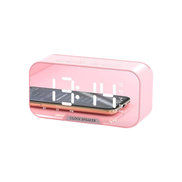 Digital klocka med Bluetooth-högtalare, väckarklocka med dubbla alarm, spegel LED-display, Bluetooth V5.0, TF-kort och AUX-kabel (rosa)