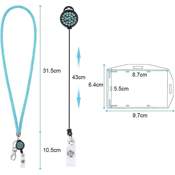 Krystal Halskæde Lanyard, (blå) Bling Nøglering Transparent Badge Holder Med Tilbagekaldelig Krystal Lanyard Og Id-Kortholder, Til Visitkort, Bus C