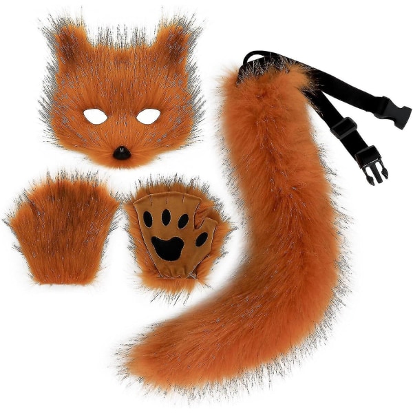 Faux pälsräv svans katt varg cosplay kostym set plysch mask fluffiga tass handskar Halloween jul（räv）