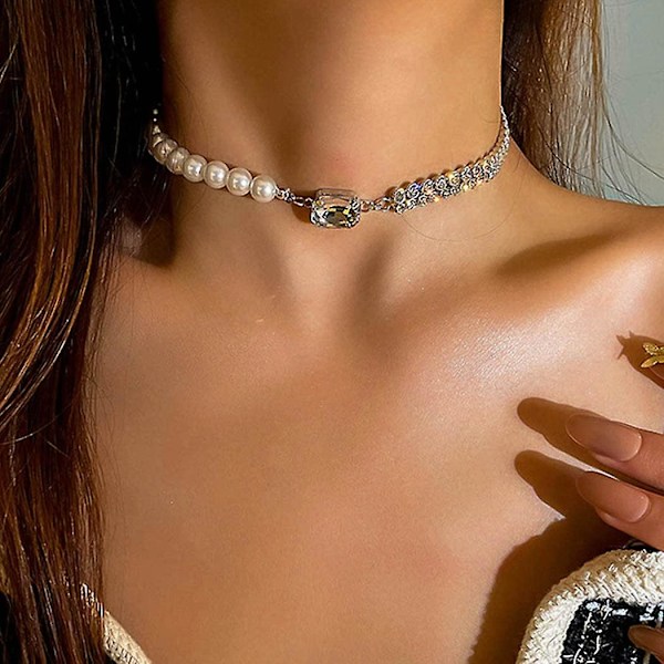 Rhinestone Pearl Choker Halskæde Sølv Krystal Vedhæng Halskæder Kæde Kort Halskæde Minimalistisk Hals Smykker til Kvinder og Piger (A-Dobbelt Rhineston