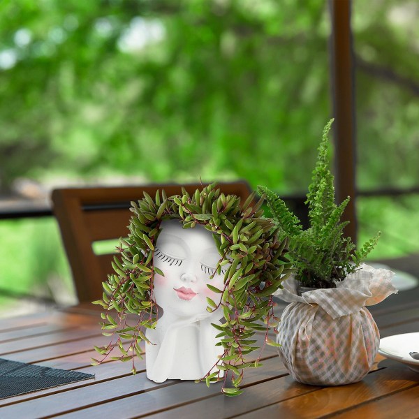 Ansiktsblomsterpotte, unike ansiktsplantere, harpikshode-planter for hagegave (beige)