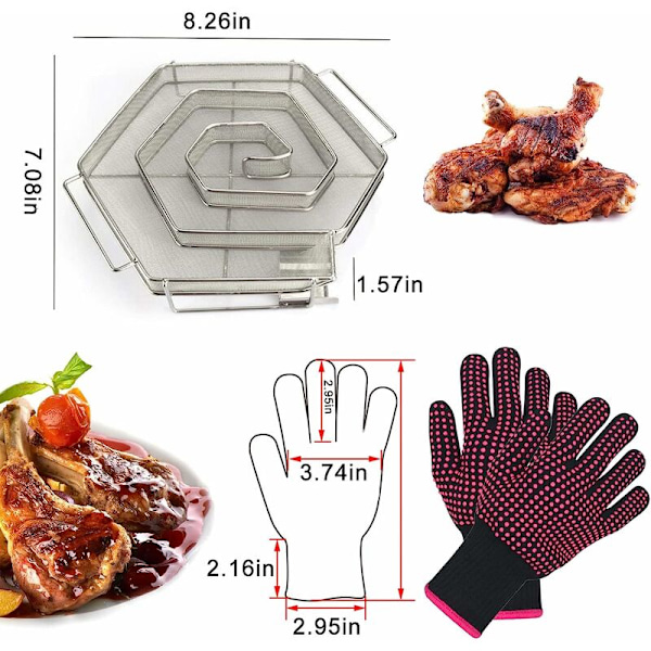 Kallrökgenerator Hexagonal Rostfritt Stål Kallrökgenerator med 1 Par Grillhandskar för Kittel, BBQ, Ugn Rökare, 22.5 x 21.5 x 5.0 cm