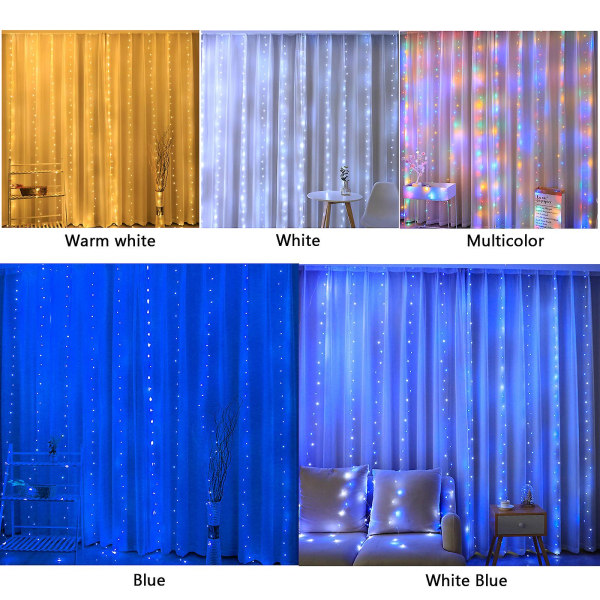 2023 Ny oppgradert LED-gardinlys (hvit blå)