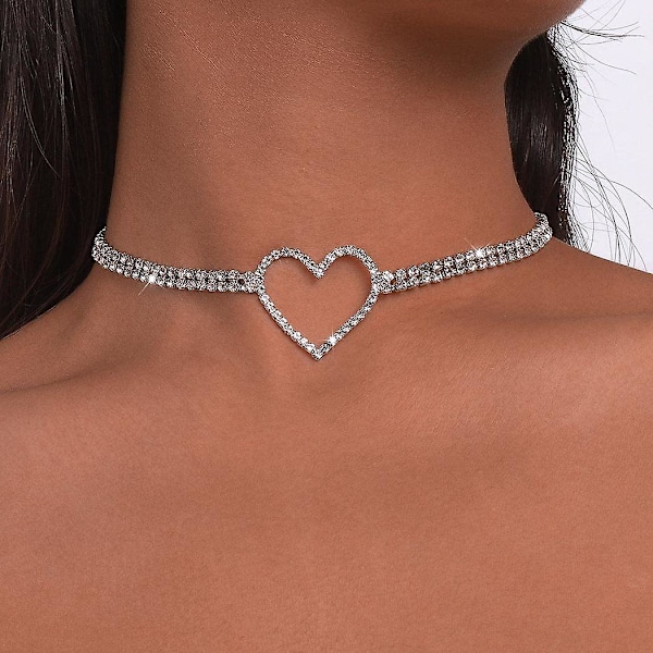 Rhinestone Choker -kaulakorut, hopeinen sydänriipus, kimalteleva tennisriipus, säädettävä naisille ja tytöille