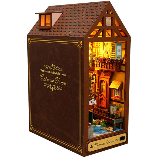Book Nook Miniatyr Dollhouse Kit, gör-det-själv 3d träpussel Bokstöd för bokhylla Insats Dekor med LED-ljus, kit Hantverk för tonåringar Vuxen
