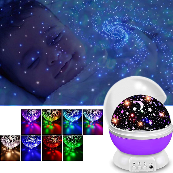 Stjernehimmel-projektor baby nattlys LED 360 roterende projeksjonslampe romantisk LED