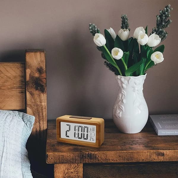Digital väckarklocka, trä med sensormodul, bordsklocka med stor display