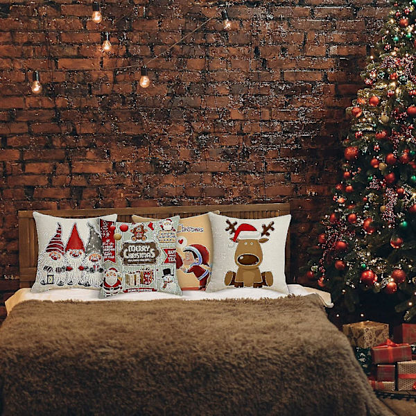 Juleputetrekk 45x45cm, 4-pak juledekorativ bomull og lin juleputetrekk for sofa seng soverom stol hage-god jul