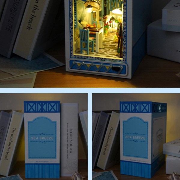 3D-träpussel bokhylla-insatsdekor med varmt ljus DIY Miniatyr Dollhouse Model Kit