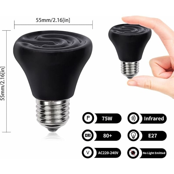 E27 75W Värme Keramisk Glödlampa Vit Keramisk Värmelampa 220-240V Värme Infraröd Lampa för Kyckling Reptil Sköldpadda Valp Kanin Terrurium (2st), Ladaceae
