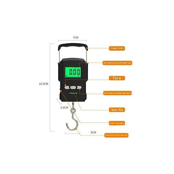 LCD Elektronisk Vägnings Digital Vågskala 75KG 10G Hängande Bagagevåg Fiskevåg med Måttband (Färg: Svart) zhengqiang (Färg: Svart)