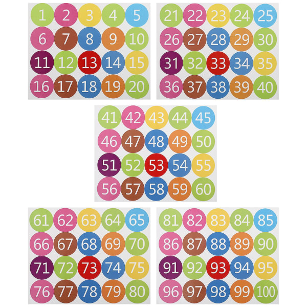 5 ark med fargerike sirkulære tallklistremerker selvklebende vanntette tallklistremerker (26,6X20,5X0,1CM, farge)