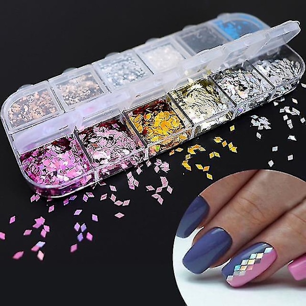 12LX Holografiskt nagelkonstglitter 3d färgglada flingor