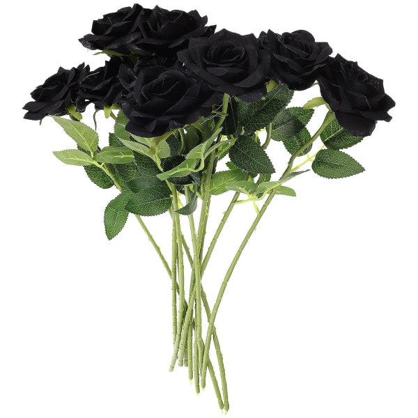 10 stykker enkel gren simulert svart rose Halloween kunstige blomsterpynt i tilfeldige stiler (38 cm, som vist på bildet)
