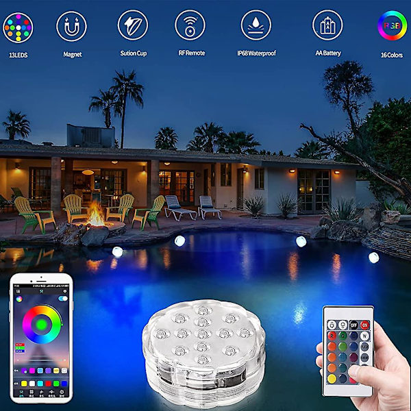 Led dammlampor 13led 2pack nedsänkbara lampor med app och fjärrkontroll simning