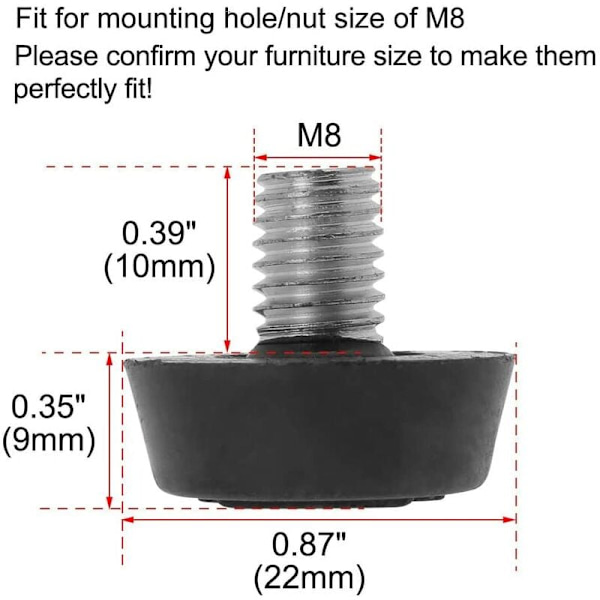 M8 x 10 x 22 mm Möbelglid Nivåfötter Justerbar Golvutjämnare Skydd för Bord Skrivbordsskåp Fot 8-pack