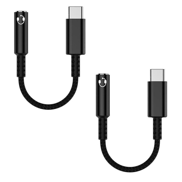 USB C till 3,5 mm adapter för hörlursuttag för honor (2 förpackningar), USB typ C till aux ljuddongelkabel sladd Dac Chip Svart（svart）