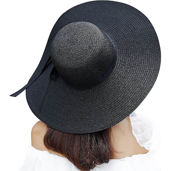 Dam bred solhatt i halm med bred brätte, vikbar, rullbar keps UPF 50+ sommarstrandhattar - beige