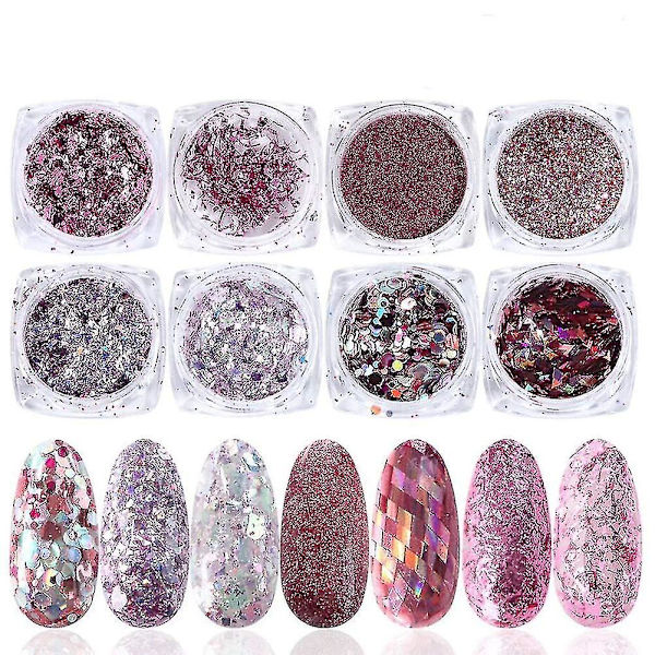 Nagelkonst Paljetter Glitter, 8 Lådor/set Ros Guld Rosa Nagel Flakes Färgglada Blandade Nagel Glitter