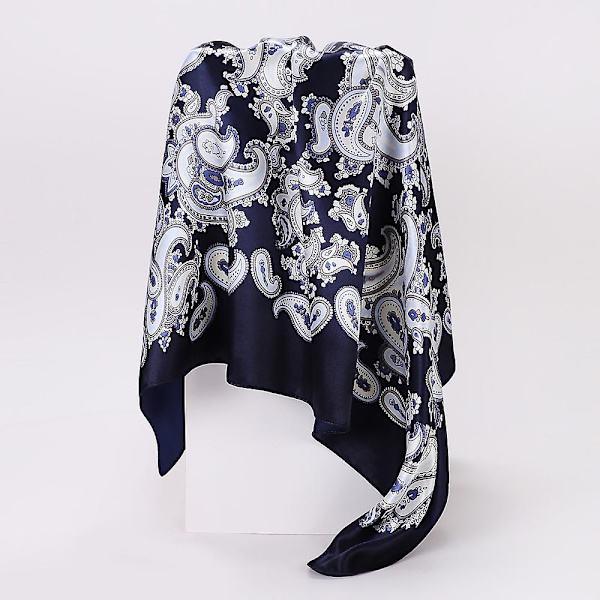 (rød+navy blå) Cashew Printing Farve Matching Stort Firkantet Tørklæde Kvinder Turban Stort Sjal Imitation Silke Tørklæde