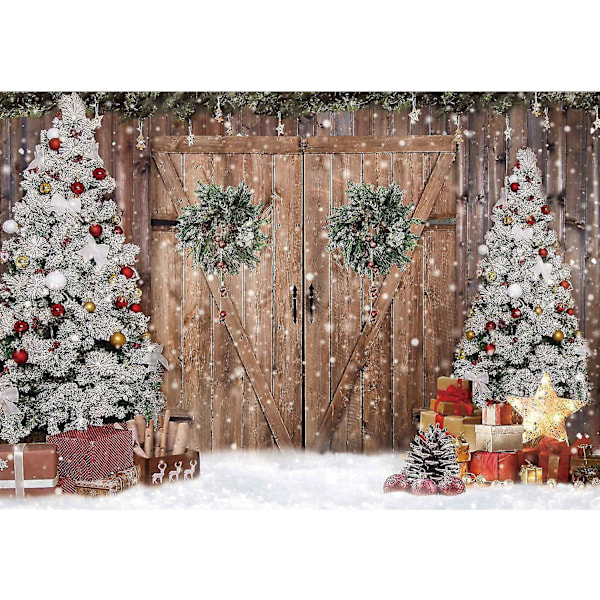 7x5ft Polyester Stof Vinter Jul Rustik Lade Dør Fotografi Baggrund Jul Træ Sne Gaver Dekoration Baggrund Banner