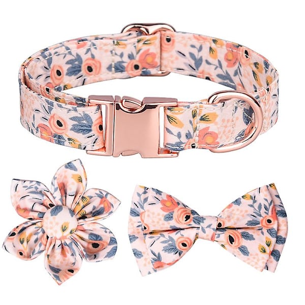 Dog Collar with Detachable Bow Tie and Engraved Floral Pattern, Dog Collar with Rose Gold Buckle