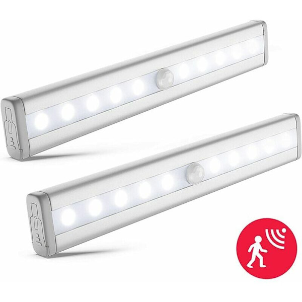 Set med 2 LED-nattlampor med rörelsesensor, skåpsbelysning, LED-tejp, självhäftande, drivs av AAA-batterier (ingår ej), aluminiumfinish