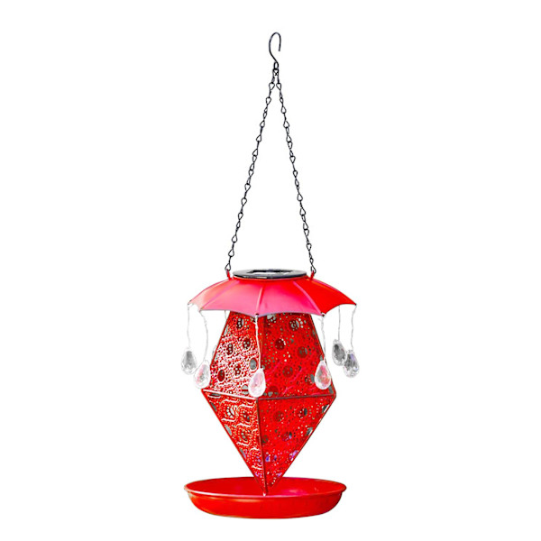 Järnsolcellsmatare för fåglar, marklampa, paraply, dropp-dropp, trädgård, uteplats, utomhusdekorationer, gräsmatta (röd)