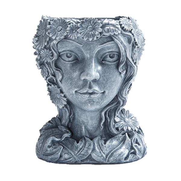 Ansiktskulptur Kaktus Huvud Blomkruka Blomkrukor Behållare Hem - Trä Färg（Grå）