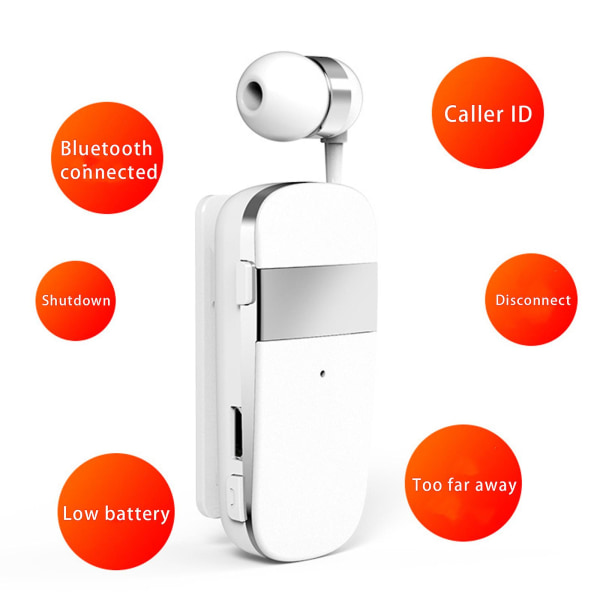 Bluetooth-hörlurar med infällbar krageklämma, enkelsidiga bil-Bluetooth-hörlurar med högupplöst samtalsintelligent brusreducering (vit)