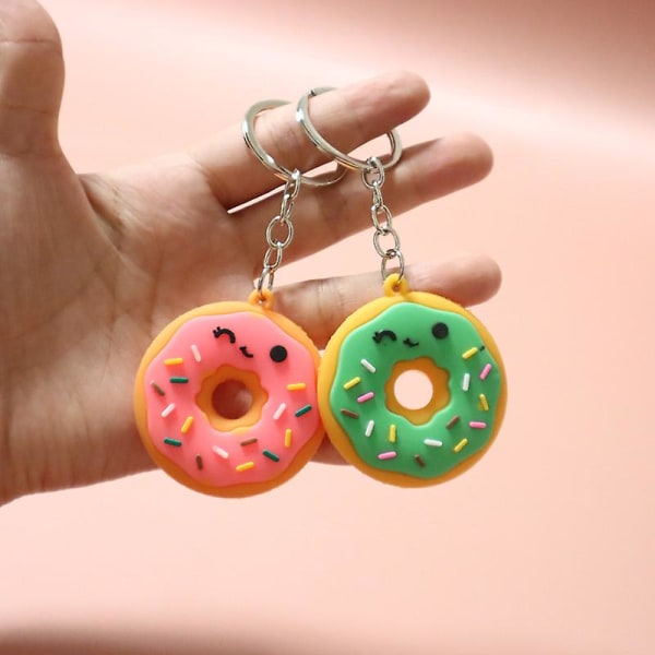 2-pack populär nyckelring (rosa + grön) Stereoskopisk tecknad hängsmycke Donut Food Key Ring