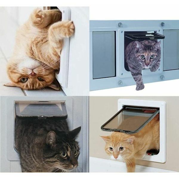 4-vägs kattlucka med tunnelutskärning, hundkattlucka, kattlucka med lås, små husdjurskattluckor, kattkompis låsbart, lätt att installera, vit (M)