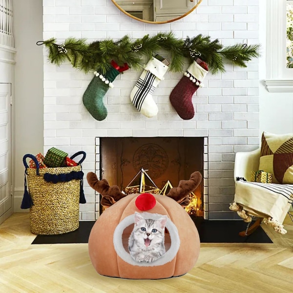 Christmas Pet Nest - Varmt katte- og lille hundesengstelt til vinter med rensdyrdesign（A2）