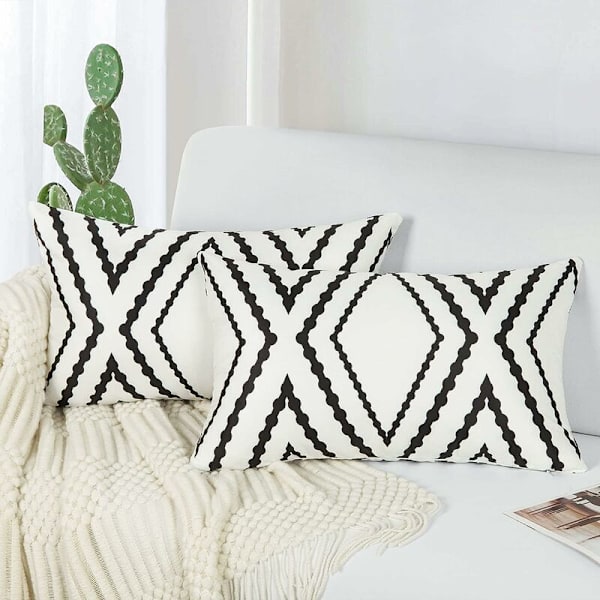 Vattentäta Boho-kuddfodral för utomhusbruk, geometriska örngott för uteplats, trädgård, set med 2, 18x18 tum 12x20 vita