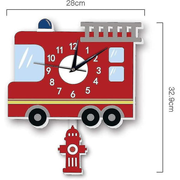 Barneklokker - 3d-motiv veggdekorasjon tegneserie stue stille klokke, dekorert barnerom, stue (brannbil)
