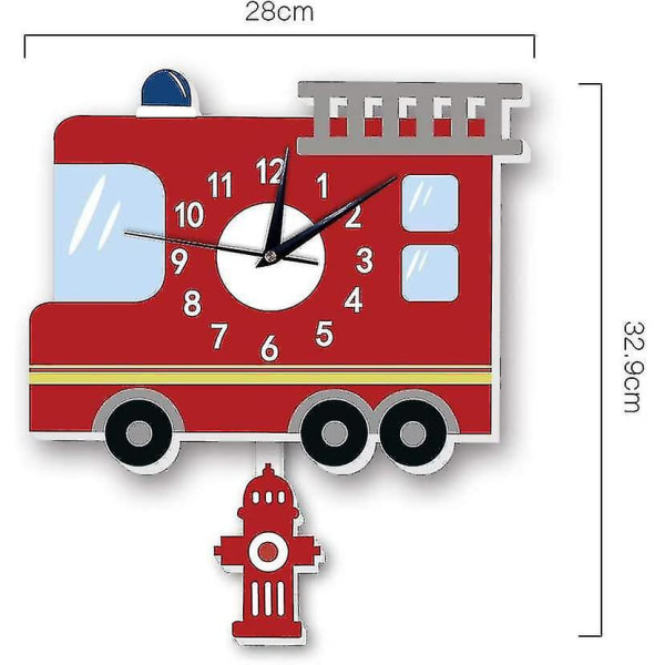 Veggklokker for barn - 3d-motiv veggdekorasjon Tegneserie Stue Stilleklokke, dekorert barnerom, stue (brannbil)