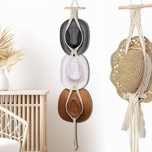 Macrame hattgalgar hatt hållare för vägg bohemisk kvinnor hatt rack hatt arrangör för vägg hängande hatt rack dekorativ kepshållare för bred brätte keps