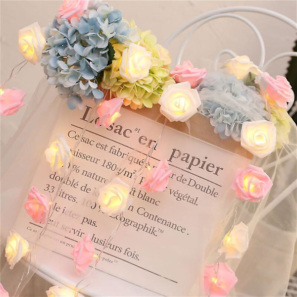 LED Rose Flower String Lights Home Decoration, Battery-Operated Romantic Fairy Lights, 300CM Length, Pink and Warm White（Pink）